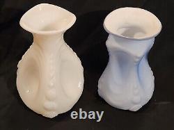 2 Antique Consolidated Catalonian Art Glass Vases Spanish Knobs Iridescent Blue