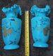 2 Antique Turquoise Glass Hand Painted Vases Ruffled Edge Exposed Pontil