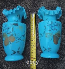 2 Antique Turquoise Glass Hand Painted Vases Ruffled Edge Exposed Pontil