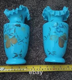 2 Antique Turquoise Glass Hand Painted Vases Ruffled Edge Exposed Pontil