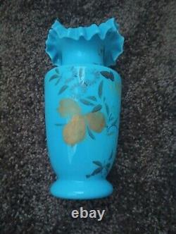 2 Antique Turquoise Glass Hand Painted Vases Ruffled Edge Exposed Pontil