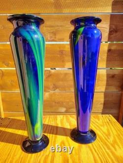 2 Hand Made EASTERN MODERN ART GLASS VASE BLUE with GREEN SWIRL BEAUTIFUL