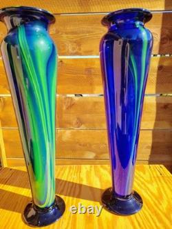 2 Hand Made EASTERN MODERN ART GLASS VASE BLUE with GREEN SWIRL BEAUTIFUL