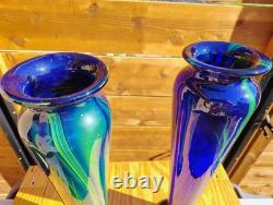 2 Hand Made EASTERN MODERN ART GLASS VASE BLUE with GREEN SWIRL BEAUTIFUL