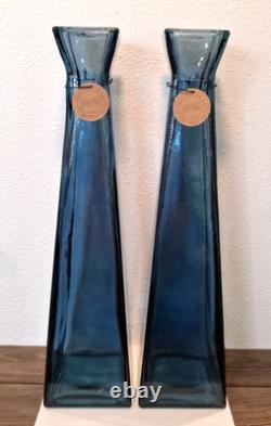 2 Lg NWT San Miguel Blue Recycled Glass Tall Square Column Floor Vases 21 1/4