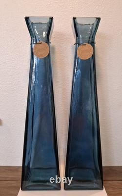 2 Lg NWT San Miguel Blue Recycled Glass Tall Square Column Floor Vases 21 1/4