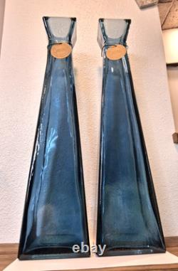 2 Lg NWT San Miguel Blue Recycled Glass Tall Square Column Floor Vases 21 1/4
