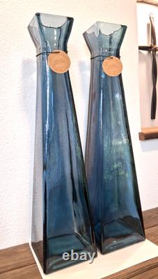 2 Lg NWT San Miguel Blue Recycled Glass Tall Square Column Floor Vases 21 1/4