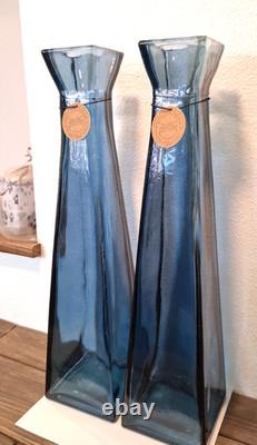 2 Lg NWT San Miguel Blue Recycled Glass Tall Square Column Floor Vases 21 1/4