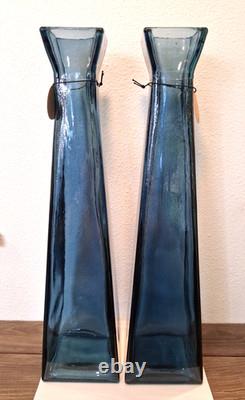 2 Lg NWT San Miguel Blue Recycled Glass Tall Square Column Floor Vases 21 1/4