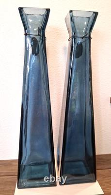 2 Lg NWT San Miguel Blue Recycled Glass Tall Square Column Floor Vases 21 1/4