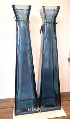 2 Lg NWT San Miguel Blue Recycled Glass Tall Square Column Floor Vases 21 1/4
