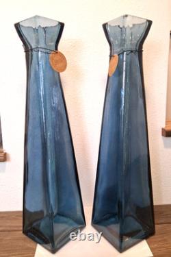 2 Lg NWT San Miguel Blue Recycled Glass Tall Square Column Floor Vases 21 1/4