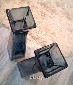 2 Lg NWT San Miguel Blue Recycled Glass Tall Square Column Floor Vases 21 1/4