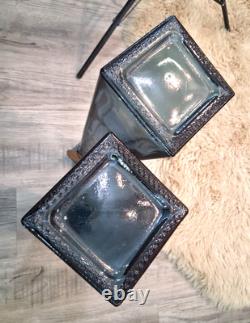 2 Lg NWT San Miguel Blue Recycled Glass Tall Square Column Floor Vases 21 1/4