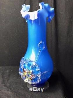 2 Small Blue Pretty Hand Blown Art Glass Floral Vases In The Murano Style