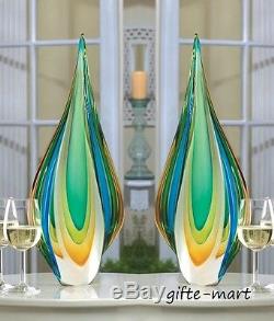 2 Turquoise blue green gold tall art Glass Sculpture statue object trophy award
