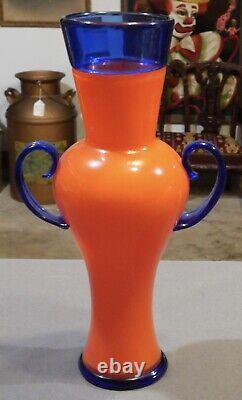 2001 Ipso Facto Art Glass Contemporary Style Orange/Blue Double Handled Vase