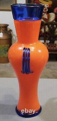 2001 Ipso Facto Art Glass Contemporary Style Orange/Blue Double Handled Vase