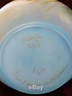 2014 Fenton JK SPINDLER #6/10 Blue Ewer Pitcher with Wren Bird and Eggs