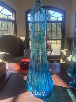 21.25 Le Smith Glass MC Ribbed/fat Bottom Peacock Blue Stretch Swung Vase