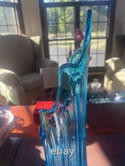 21.25 Le Smith Glass MC Ribbed/fat Bottom Peacock Blue Stretch Swung Vase