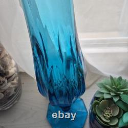 21 L E Smith MCM Peacock Blue Dominion Art Glass Swung Footed Vase VTG LE