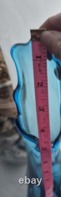 21 L E Smith MCM Peacock Blue Dominion Art Glass Swung Footed Vase VTG LE