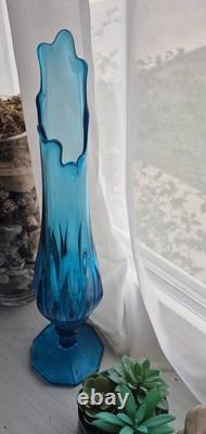21 L E Smith MCM Peacock Blue Dominion Art Glass Swung Footed Vase VTG LE