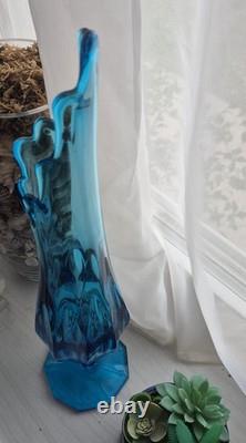 21 L E Smith MCM Peacock Blue Dominion Art Glass Swung Footed Vase VTG LE
