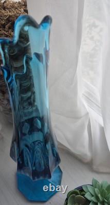 21 L E Smith MCM Peacock Blue Dominion Art Glass Swung Footed Vase VTG LE