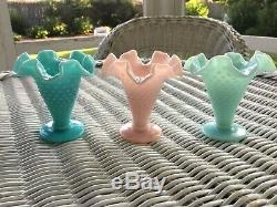 3 Fenton Pastel Hobnail Milk Glass Trumpet Vases Pink Blue Green Hard to Find