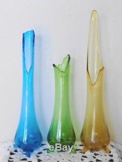 3 Vintage Viking Glass Epic 3-Toed Bud Vases Green Amber Blue 12 14 16 inch
