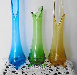 3 Vintage Viking Glass Epic 3-Toed Bud Vases Green Amber Blue 12 14 16 inch