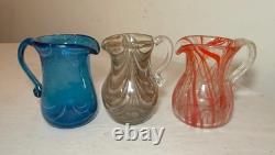 3 original antique red brown blue hand blown Nailsea English art glass vase cups