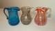 3 original antique red brown blue hand blown Nailsea English art glass vase cups