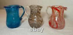 3 original antique red brown blue hand blown Nailsea English art glass vase cups