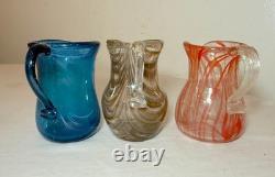 3 original antique red brown blue hand blown Nailsea English art glass vase cups