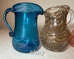 3 original antique red brown blue hand blown Nailsea English art glass vase cups