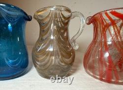 3 original antique red brown blue hand blown Nailsea English art glass vase cups