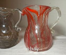 3 original antique red brown blue hand blown Nailsea English art glass vase cups