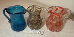 3 original antique red brown blue hand blown Nailsea English art glass vase cups