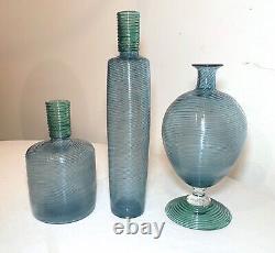 3 vintage hand blown swirled green blue Paran Studio glass vases Richard Jones