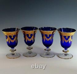 4 Crystal T Medic Murano Glass Cobalt Blue and Gold Goblets