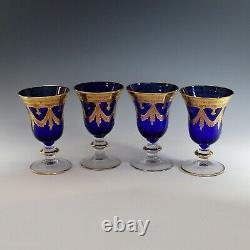 4 Crystal T Medic Murano Glass Cobalt Blue and Gold Goblets