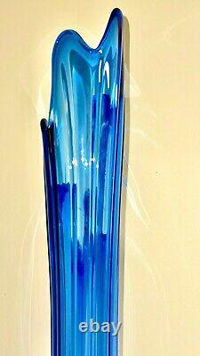 42 MID Century Peacock Blue Stretch Swung Art Glass Moon Bottom Floor Vase-mint