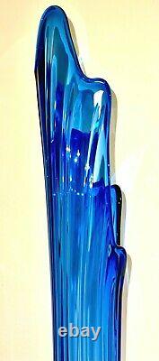 42 MID Century Peacock Blue Stretch Swung Art Glass Moon Bottom Floor Vase-mint