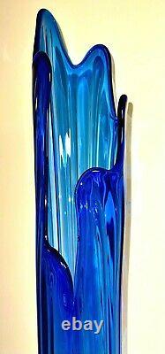 42 MID Century Peacock Blue Stretch Swung Art Glass Moon Bottom Floor Vase-mint