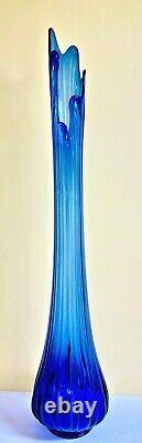 42 MID Century Peacock Blue Stretch Swung Art Glass Moon Bottom Floor Vase-mint