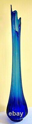 42 MID Century Peacock Blue Stretch Swung Art Glass Moon Bottom Floor Vase-mint